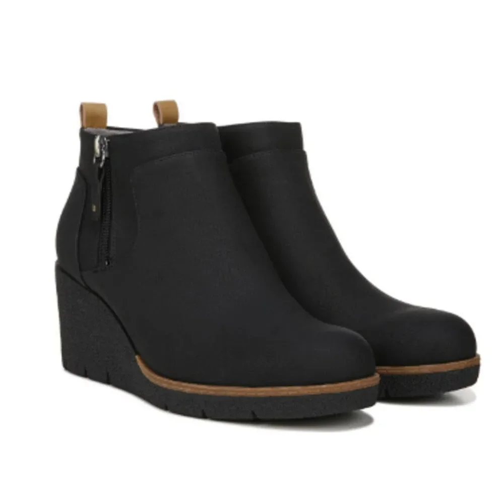 New In Box Dr Scholls Women Size 10 Black Faux Leather Bianca Wedge Bootie Shoes